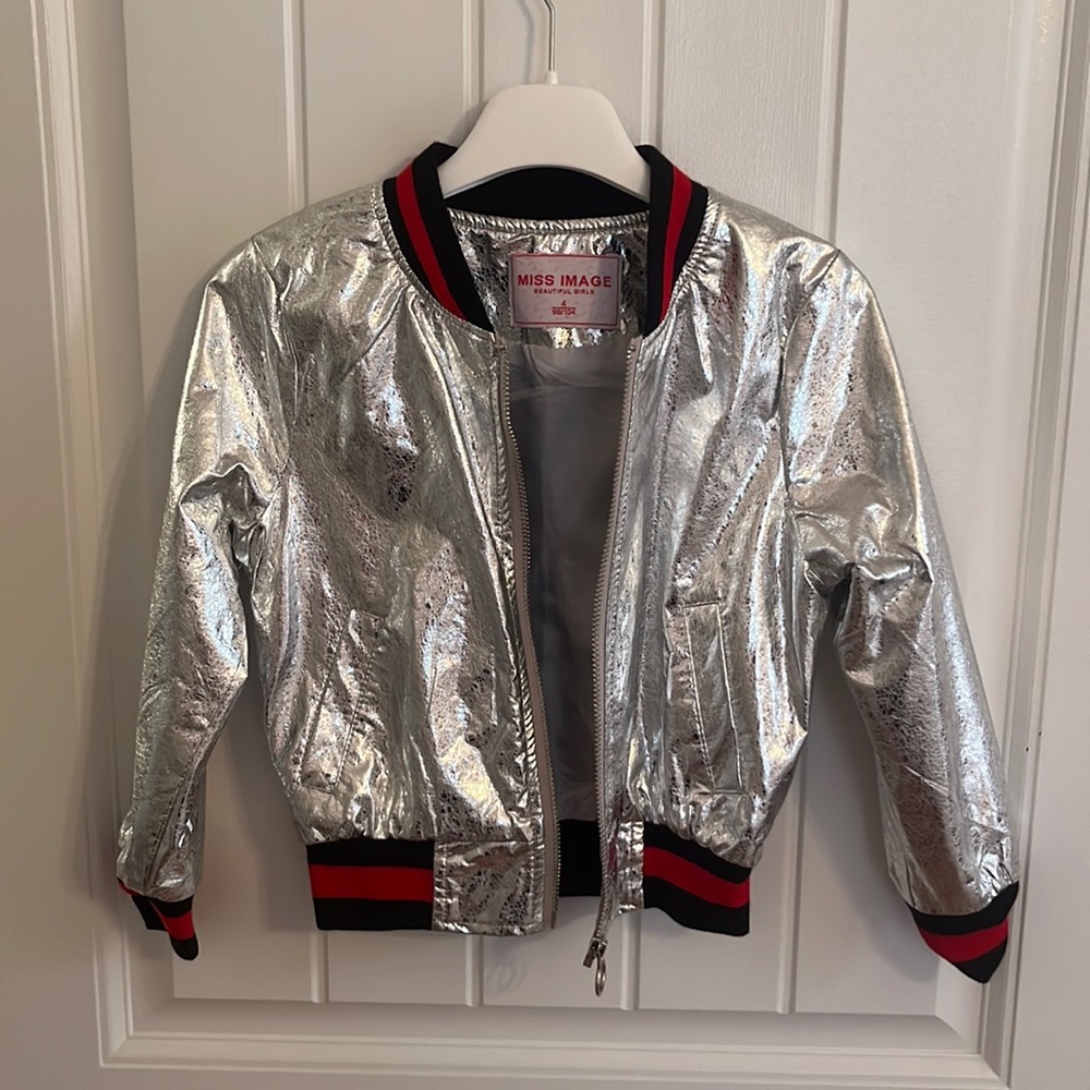 Silver varsity jacket. Pleather like material . size 4.